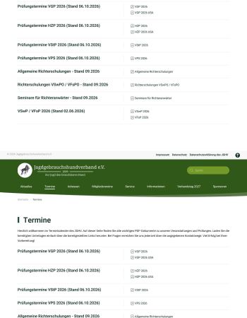Dates page with exam dates and judge training as PDFs