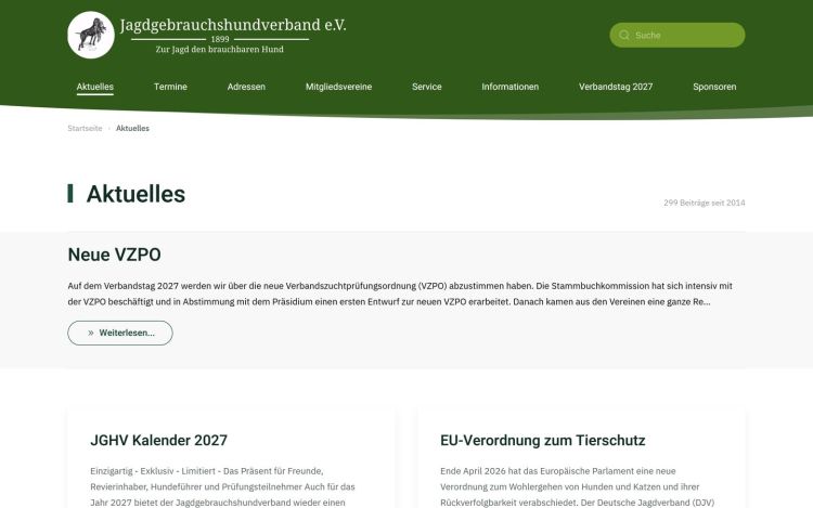 News page on jghv.de with the header in the layout of the association’s publications