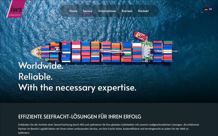 Sea freight page with the transparent menu above the hero image