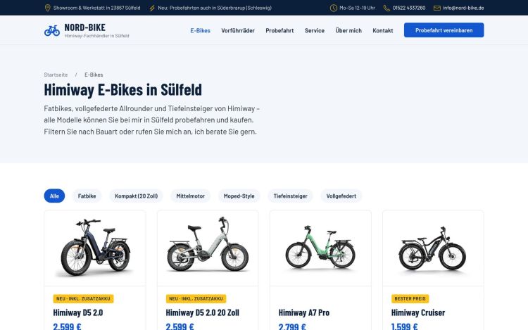 Overview of the e-bikes with a filter by type