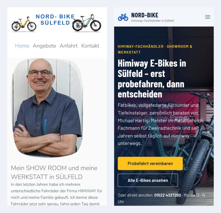 Home page on a phone, the old website on the left, the new one on the right