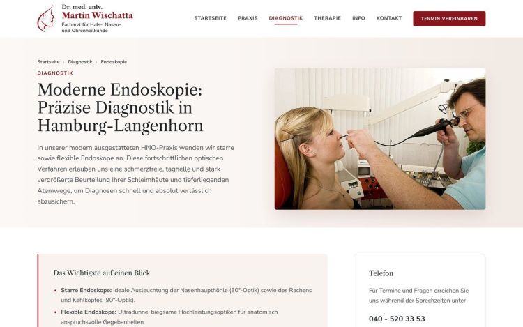 Service page endoscopy with picture, introduction and sidebar