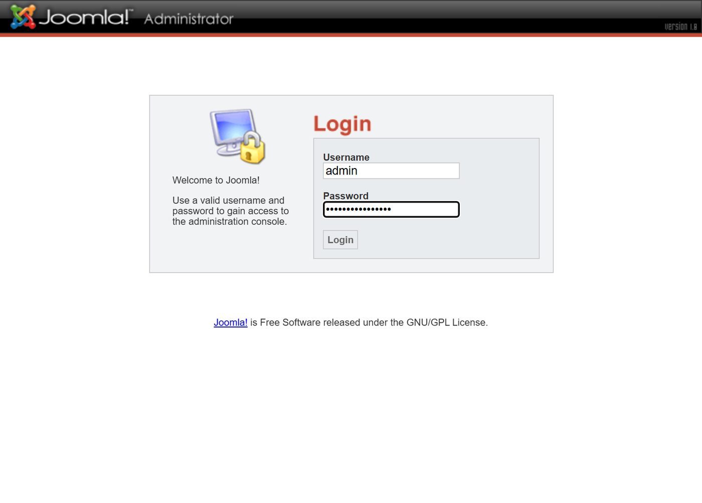 Backend login of Joomla 1.0.