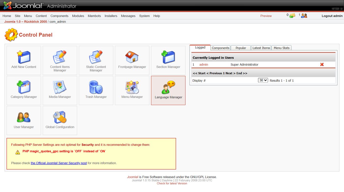 Joomla 1.0: Control Panel