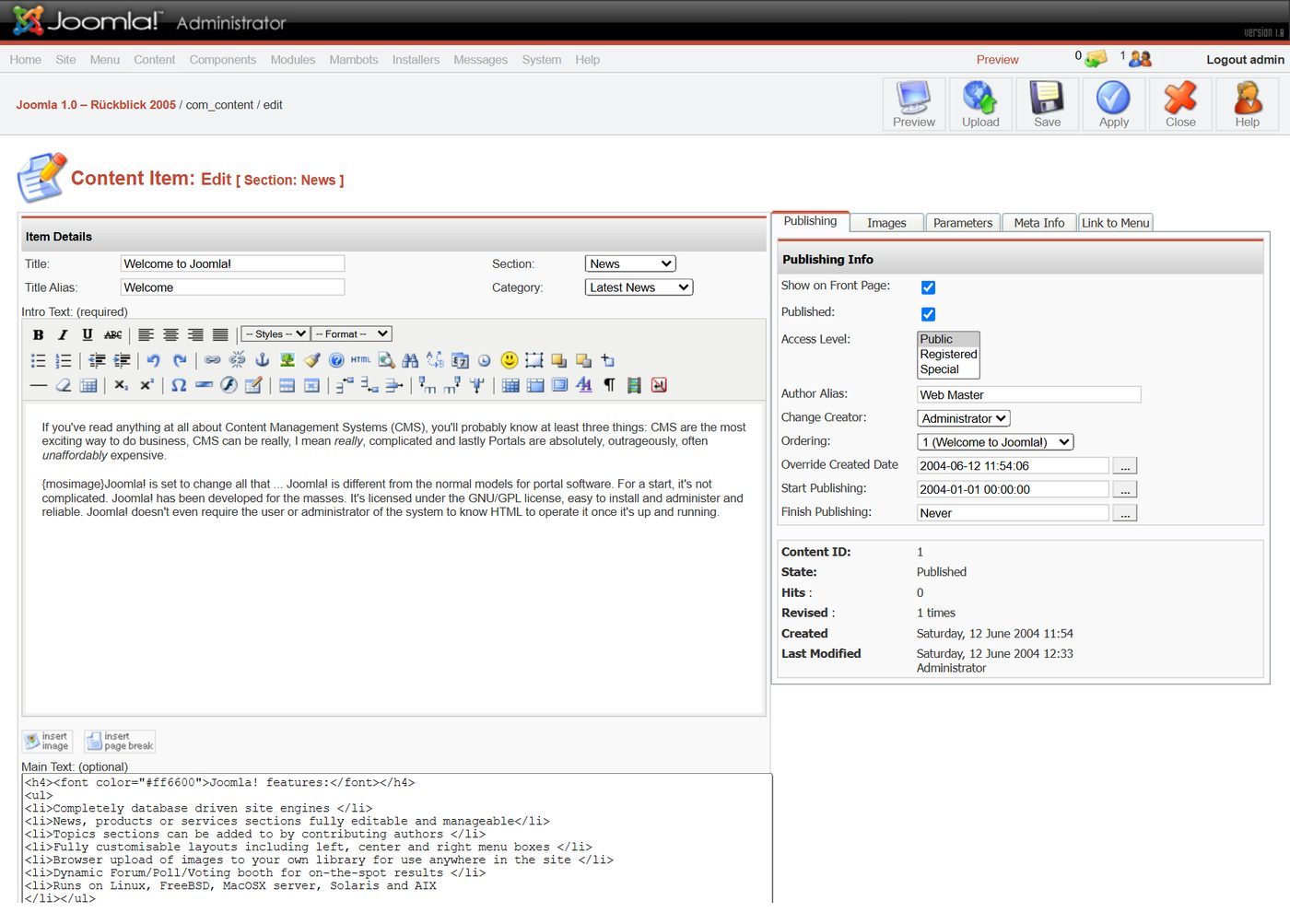 Editing an item with TinyMCE.