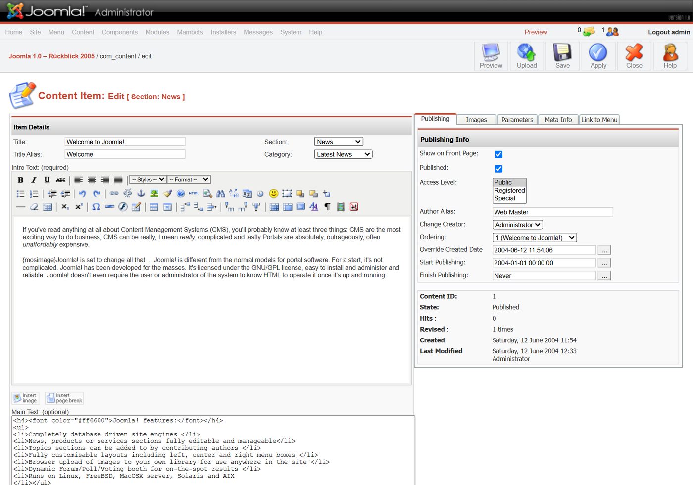 Joomla 1.0: editing an item