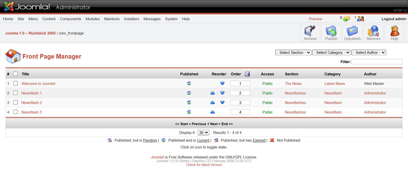 Joomla 1.0: Frontpage Manager
