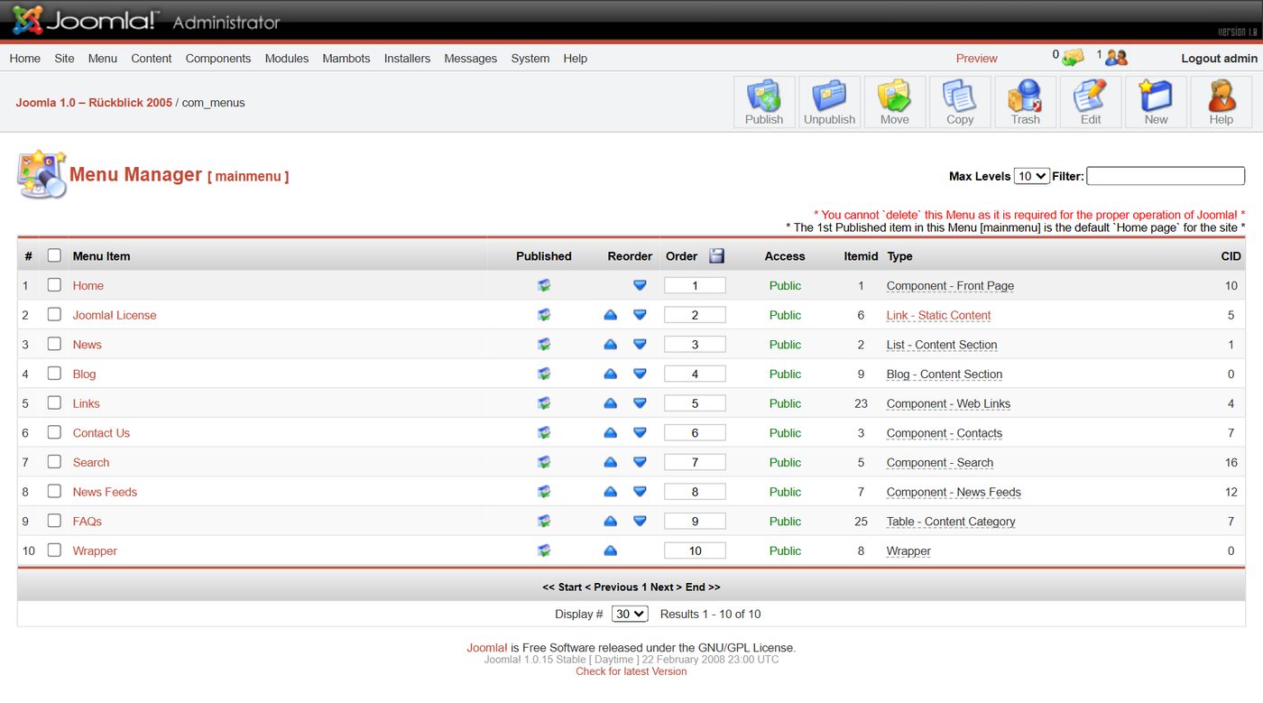 Joomla 1.0: Menu Manager