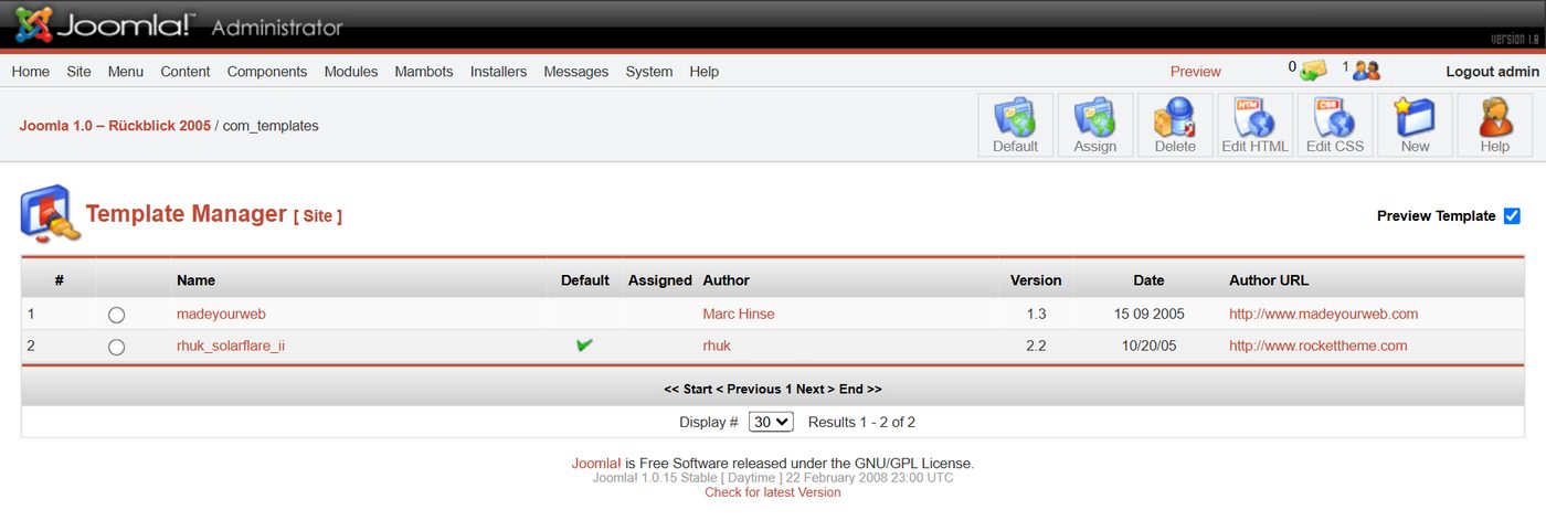 Joomla 1.0: Template Manager