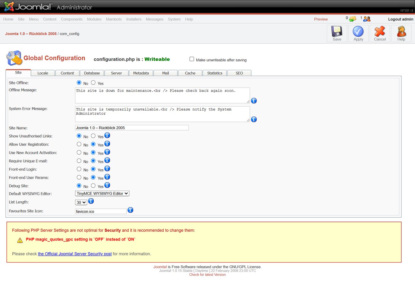 Joomla 1.0: Global Configuration