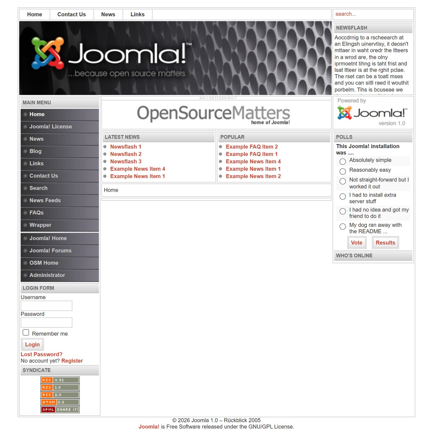 Joomla 1.0: home page with Solarflare II