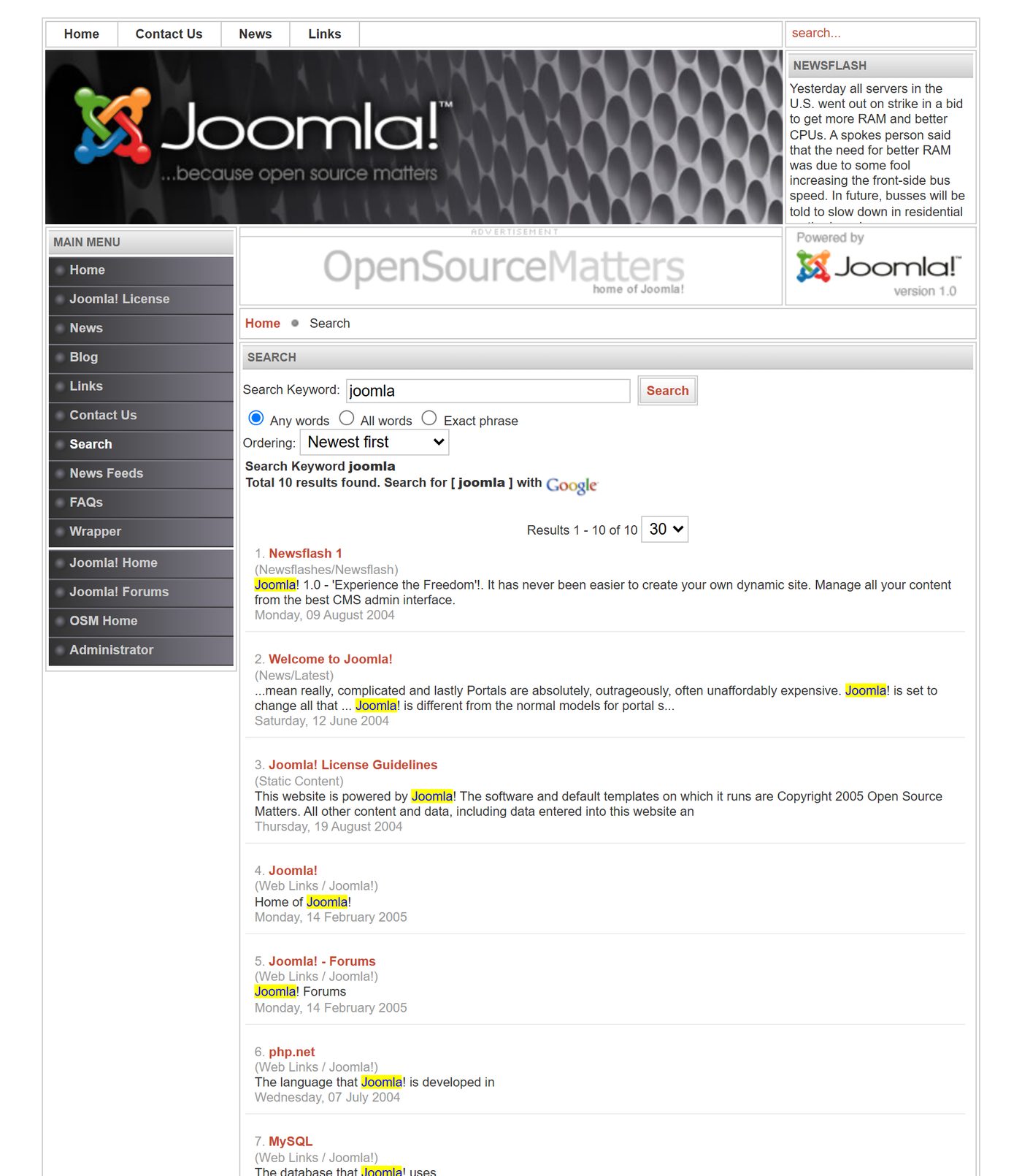Joomla 1.0: search