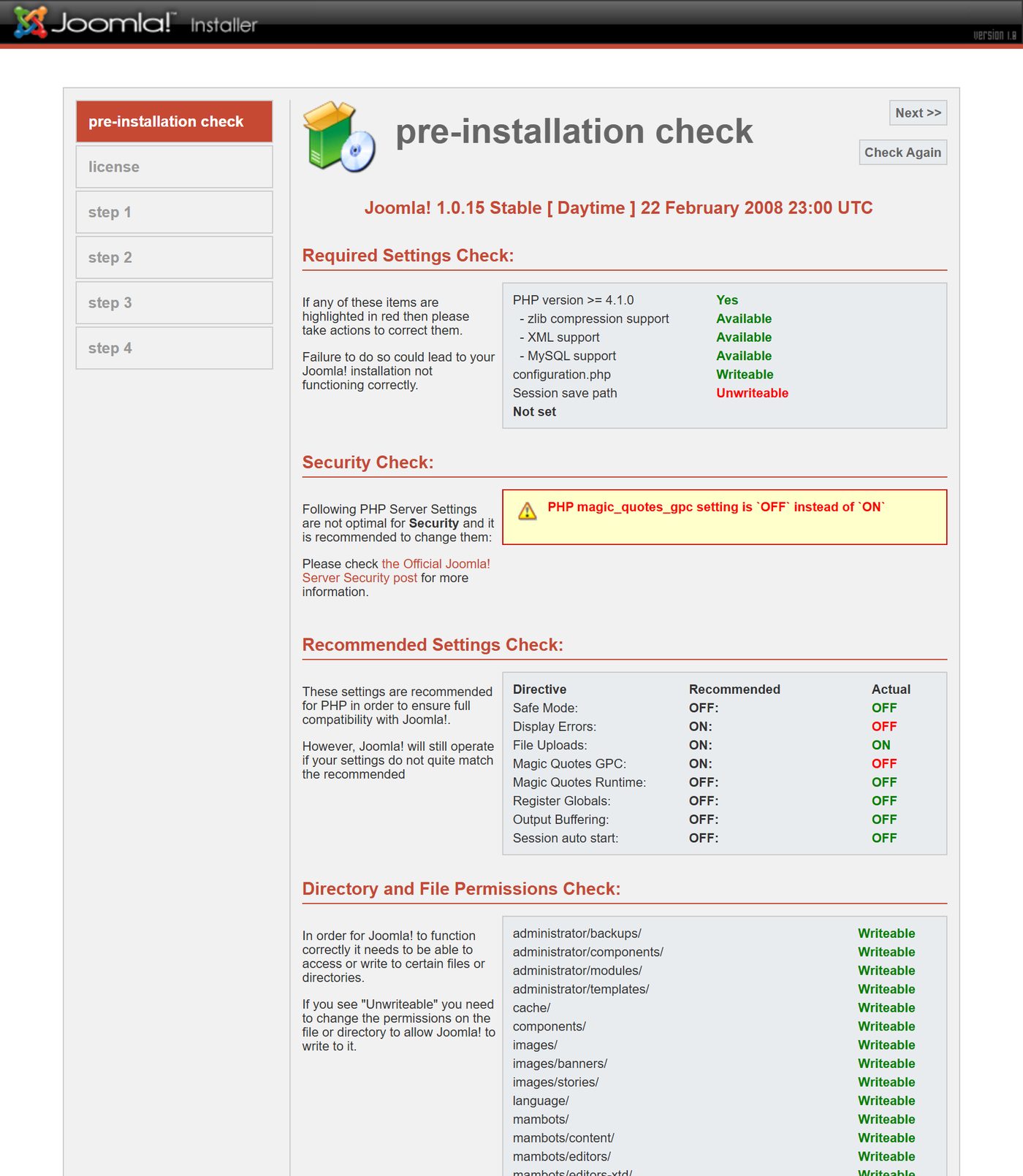 Joomla 1.0 installer: pre-installation check