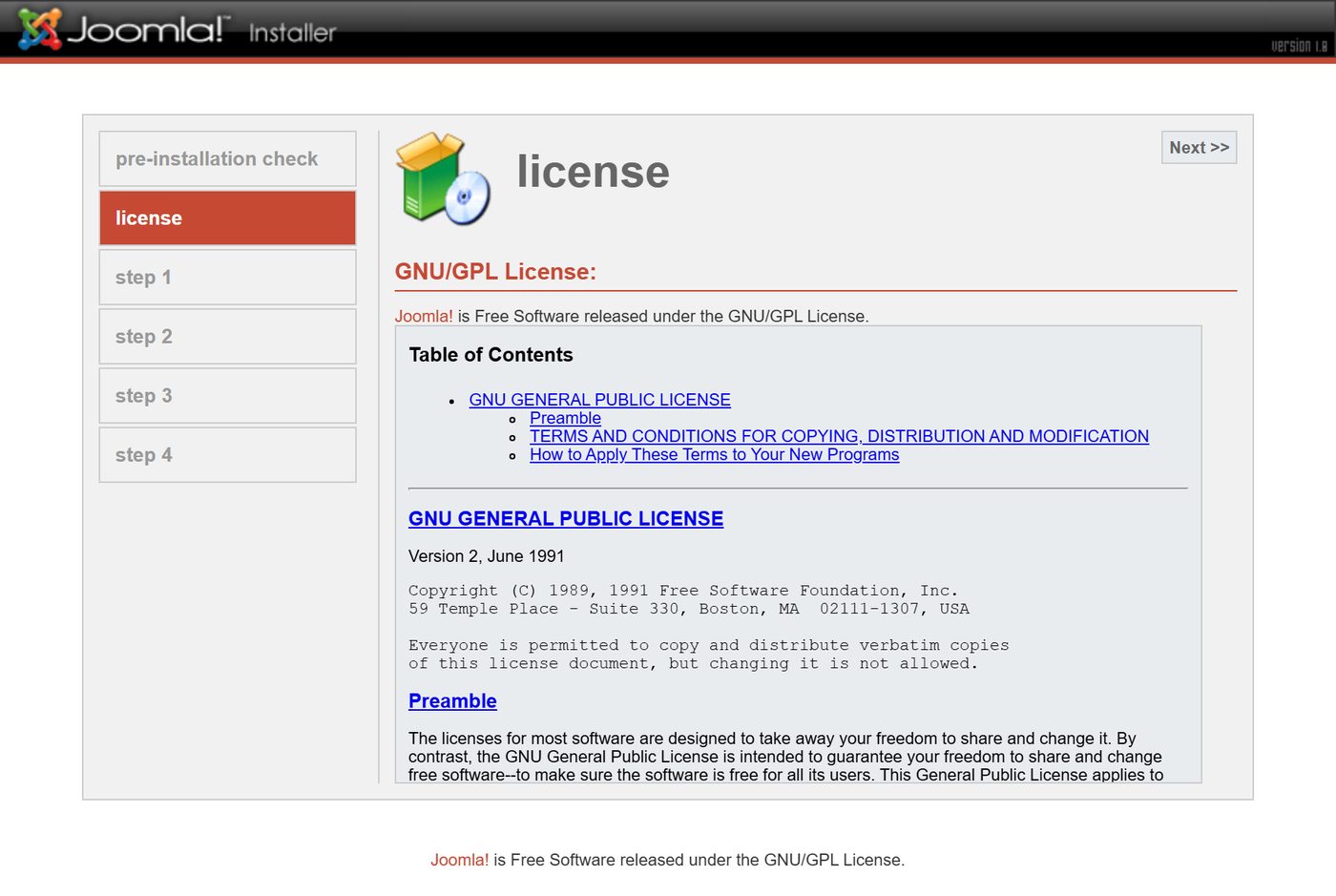 Joomla 1.0 installer: licence