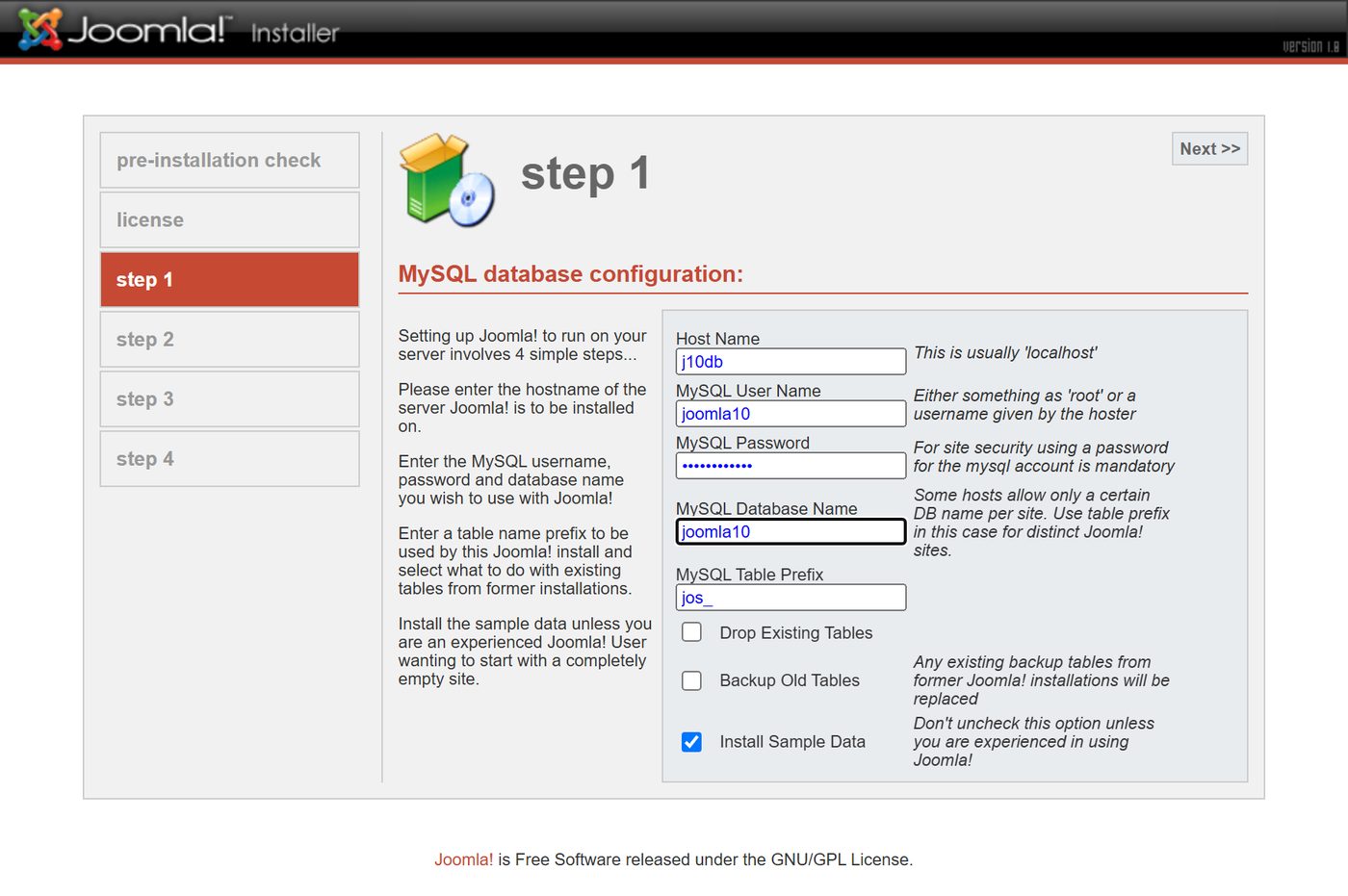 Joomla 1.0 installer: database