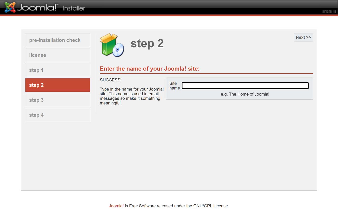 Joomla 1.0 installer: site name