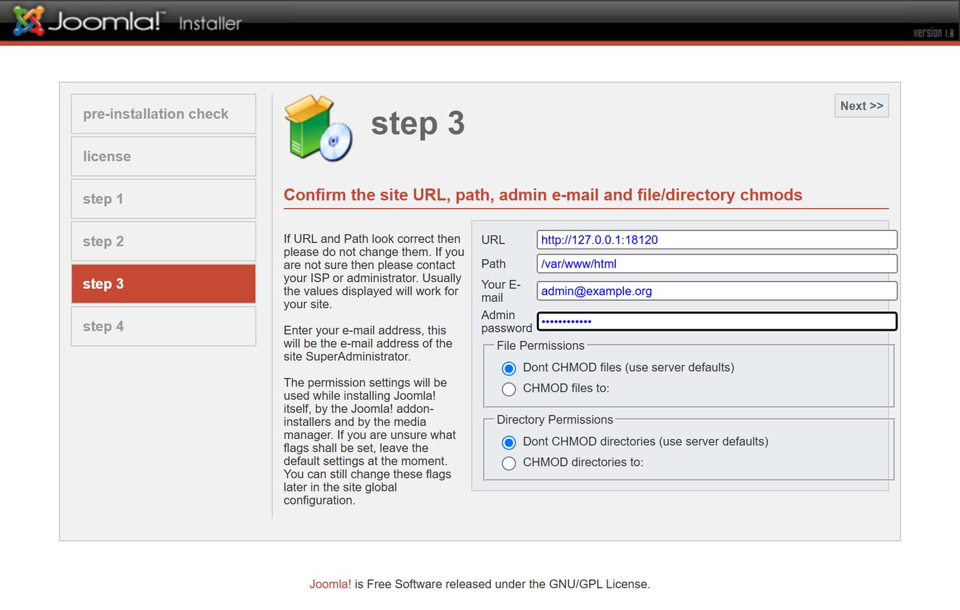 Joomla 1.0 installer: configuration