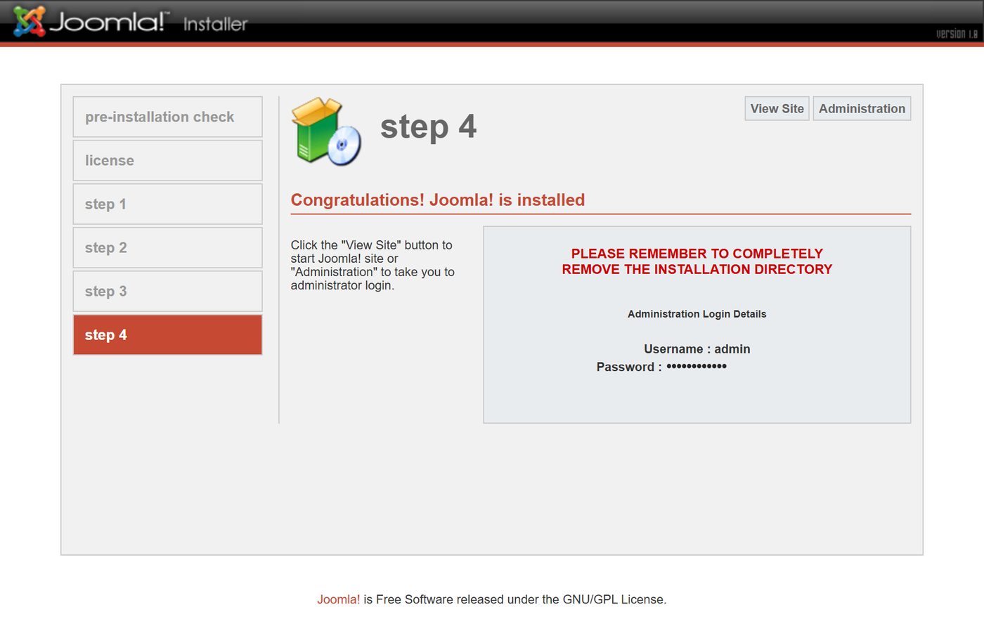 Joomla 1.0 installer: finished