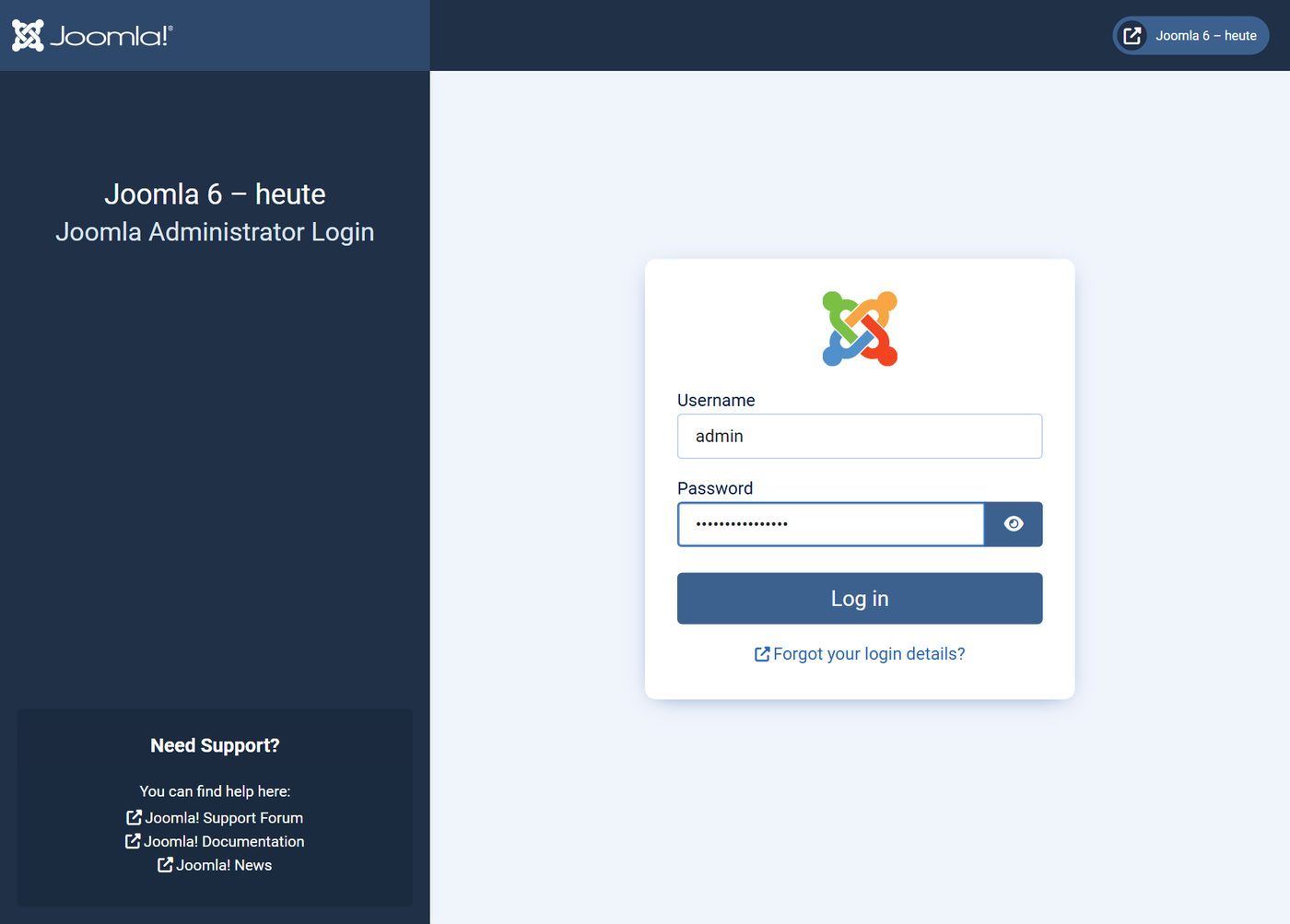 Login in Joomla 6.2.