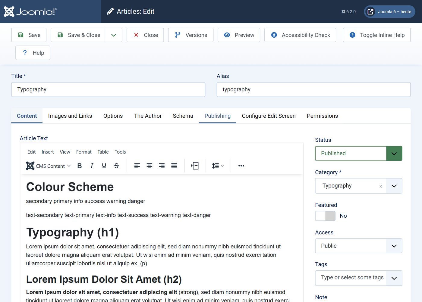 Editing an article today – with tabs for schema, workflow and permissions.