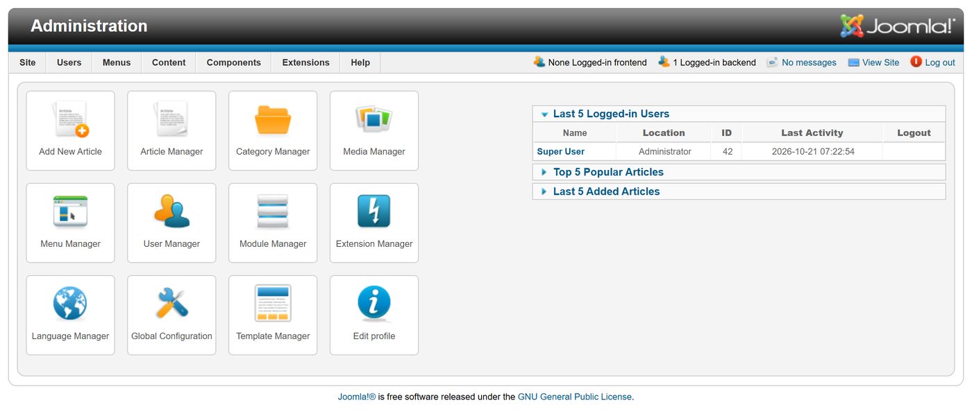 Joomla 1.7: The control panel