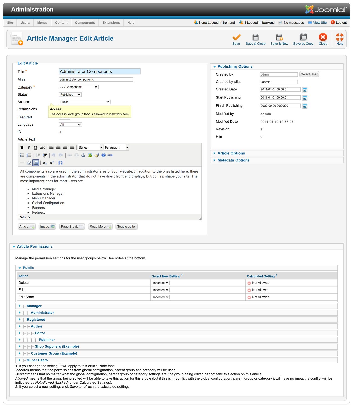 Joomla 1.7: Editing an article with TinyMCE 3.4