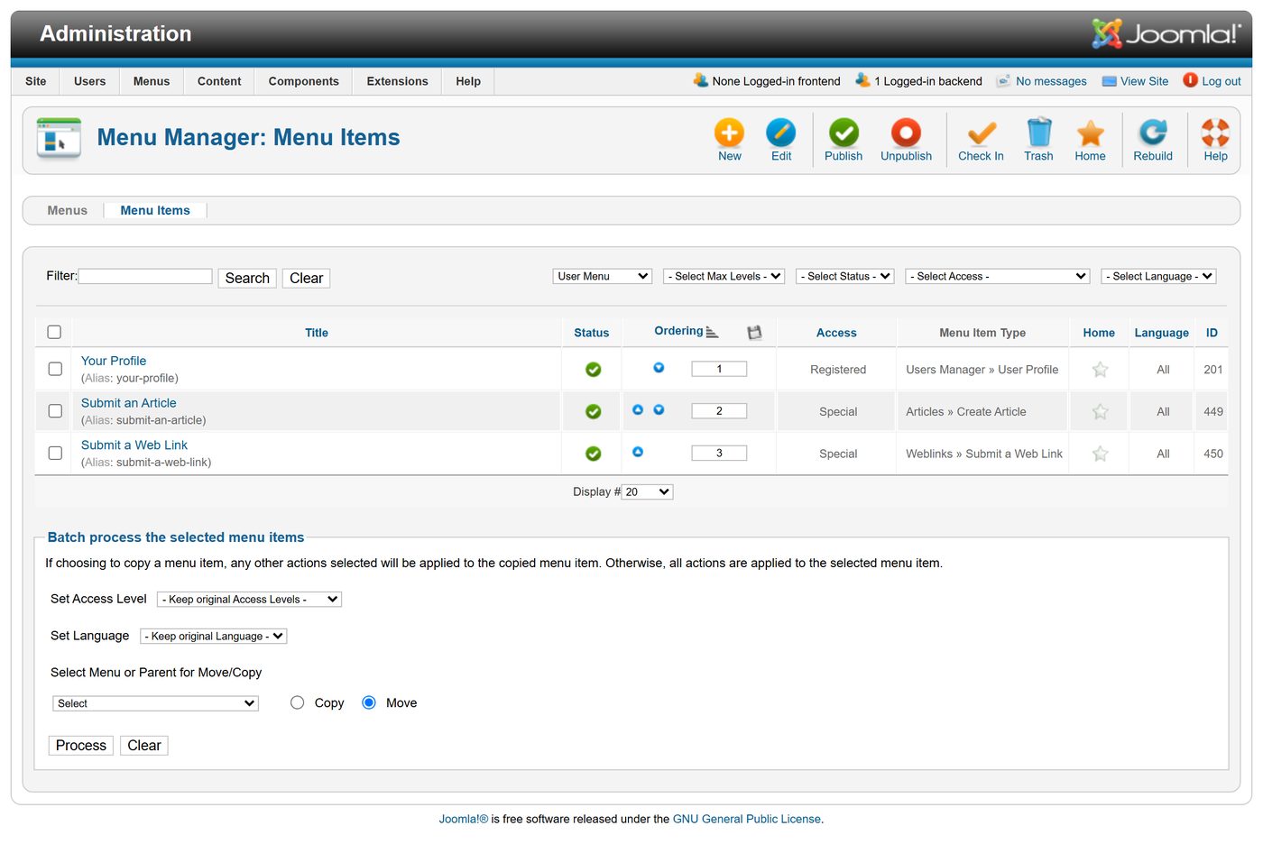 Joomla 1.7: The items of a menu