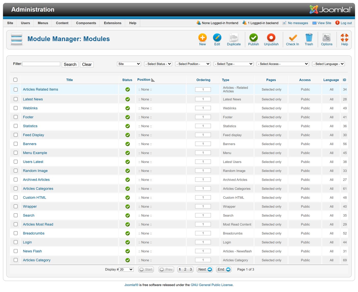 Joomla 1.7: The modules of the website