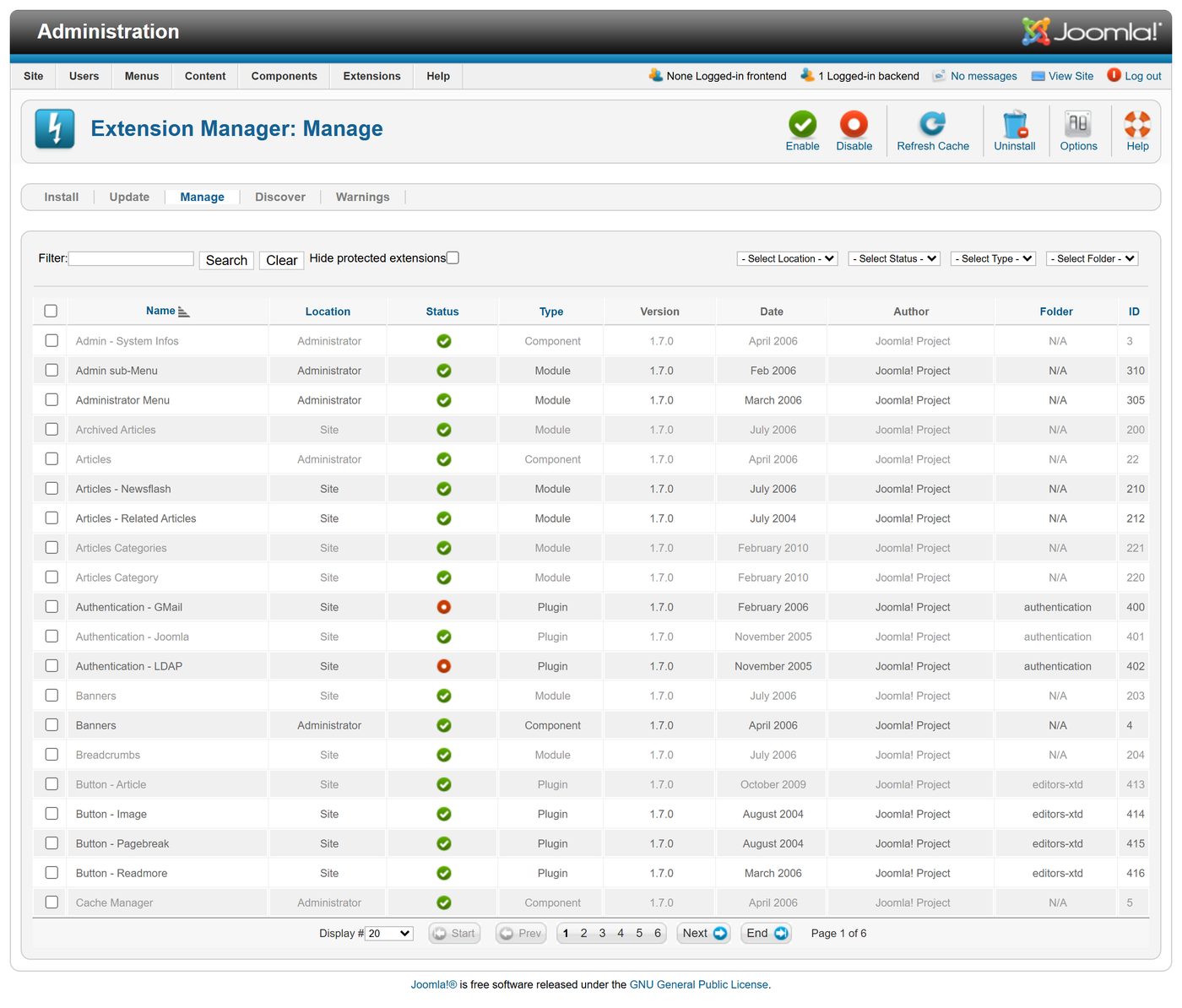 Joomla 1.7: 109 extensions in a fresh installation