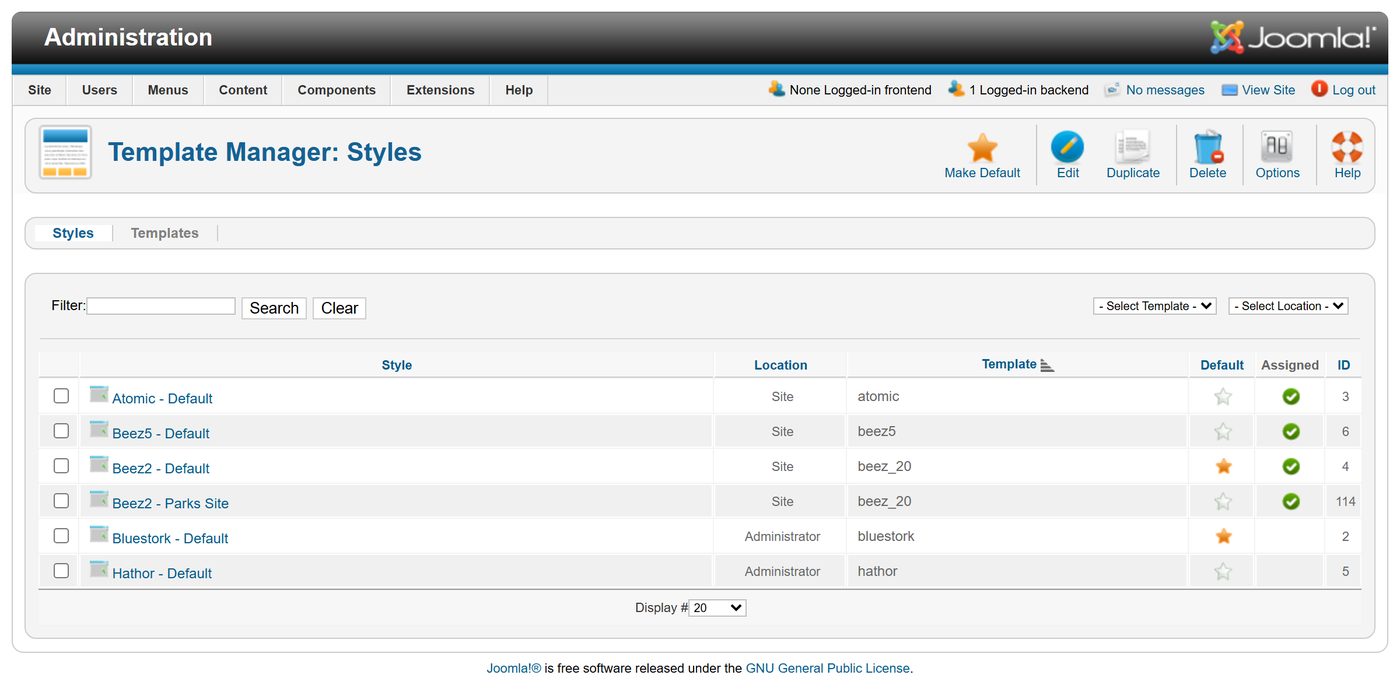 Joomla 1.7: The template styles