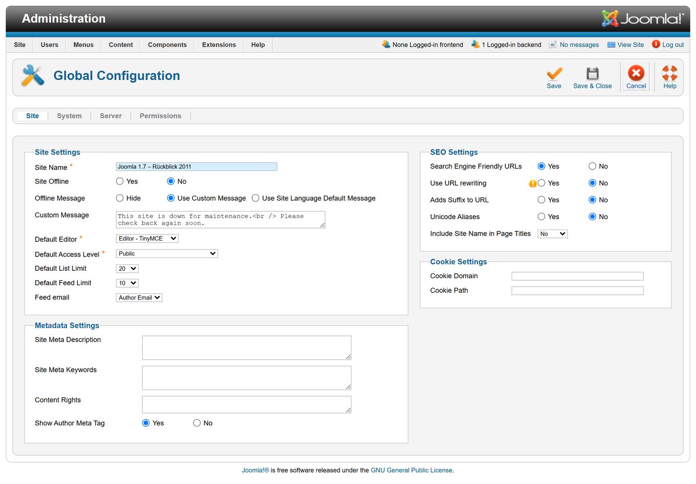 Joomla 1.7: The global configuration