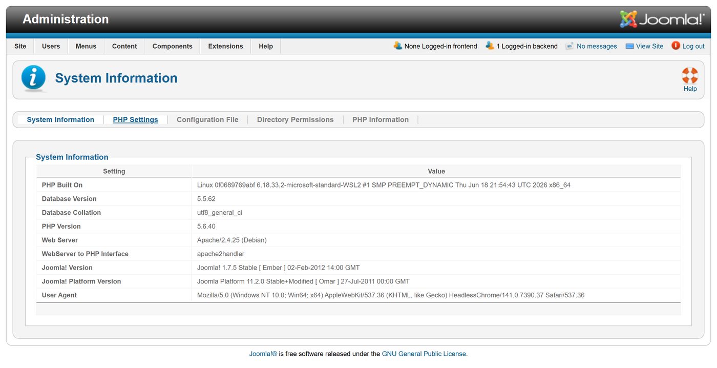 Joomla 1.7: System information – with PHP 5.6 from our test environment