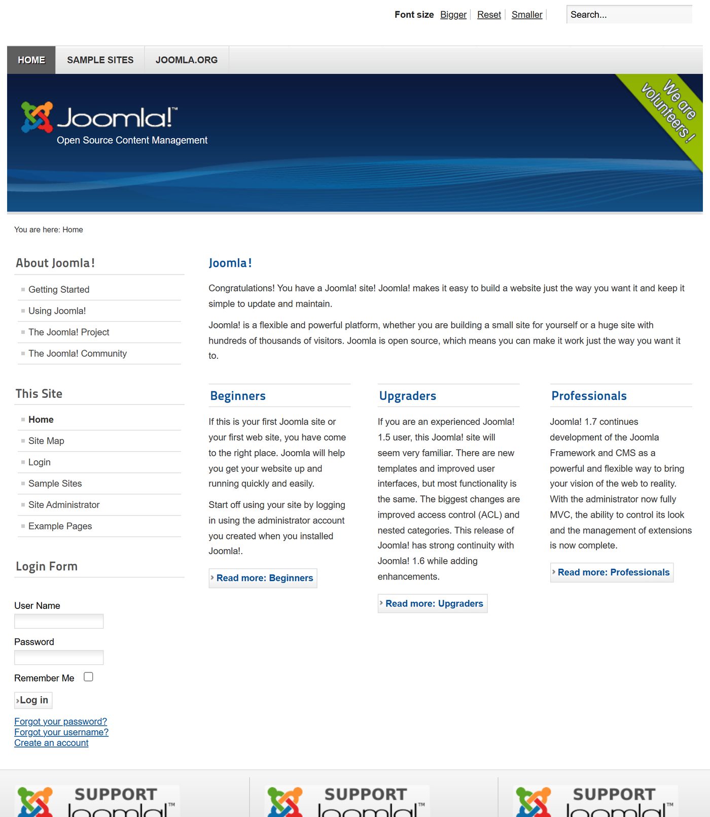 Joomla 1.7: home page