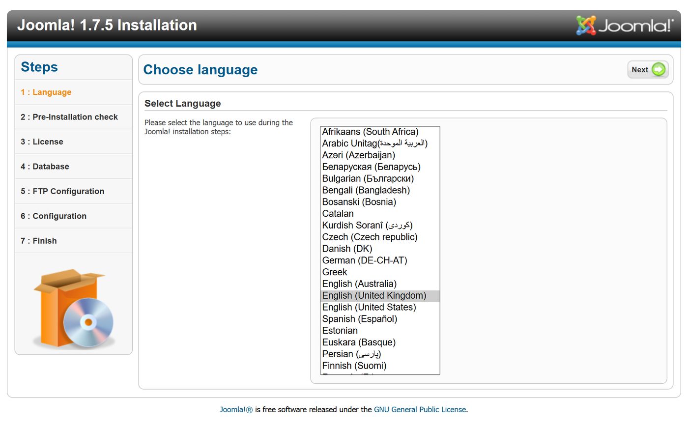 Joomla 1.7 installer: step 1