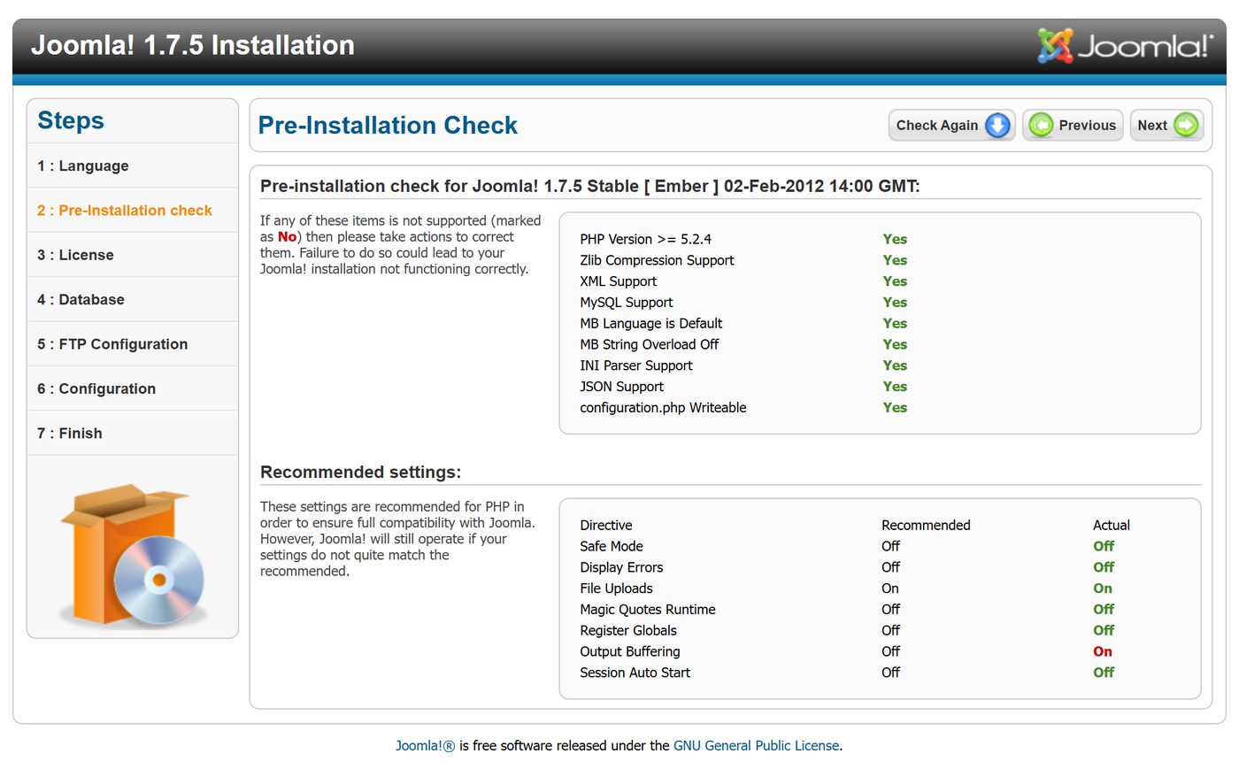 Joomla 1.7 installer: step 2