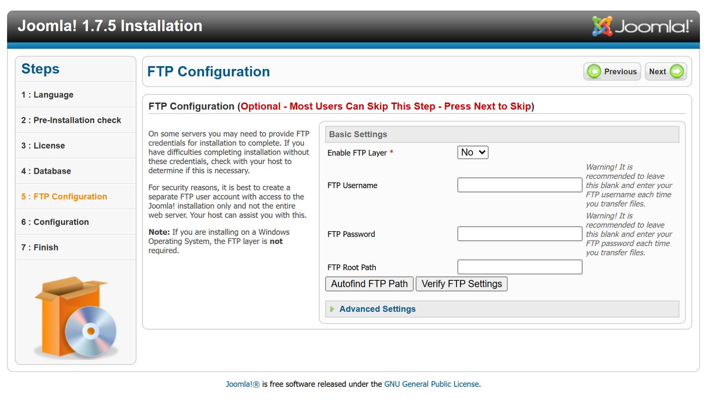 Joomla 1.7 installer: step 5