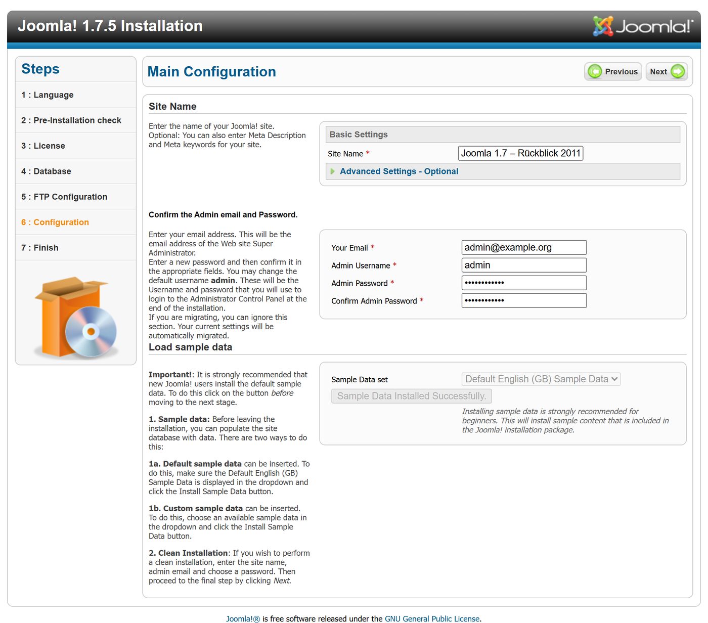 Joomla 1.7 installer: step 6