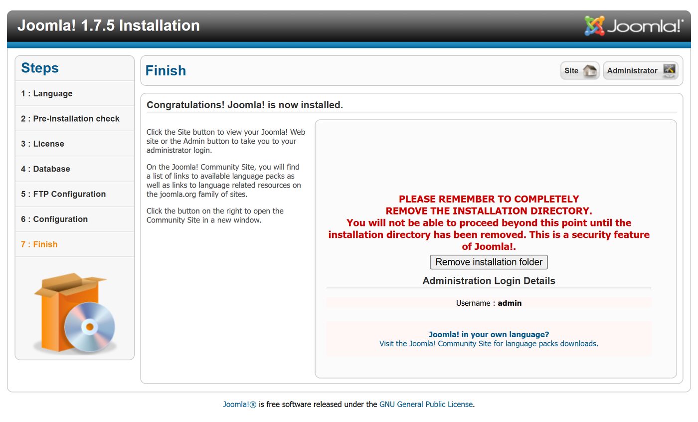 Joomla 1.7 installer: step 7