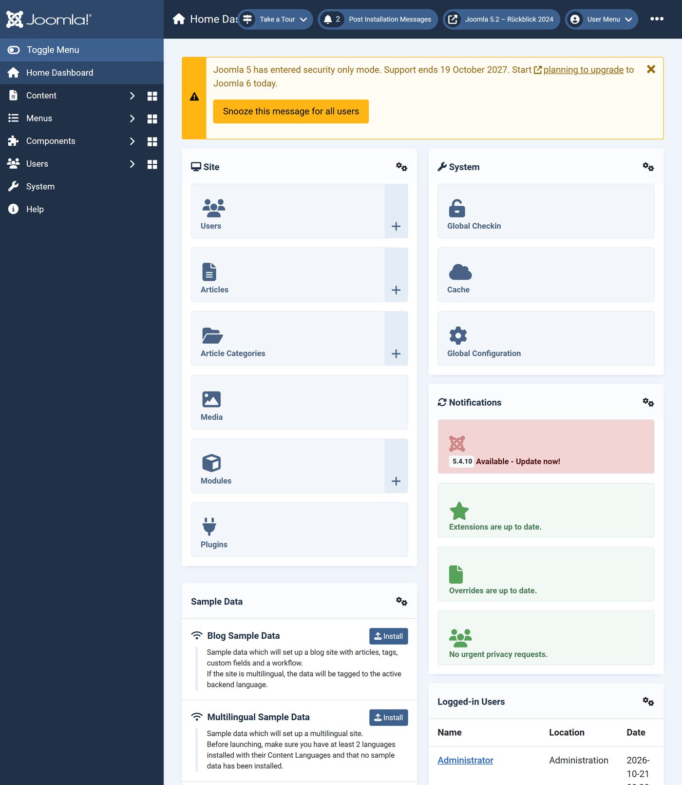 Joomla 5.2: The Home Dashboard