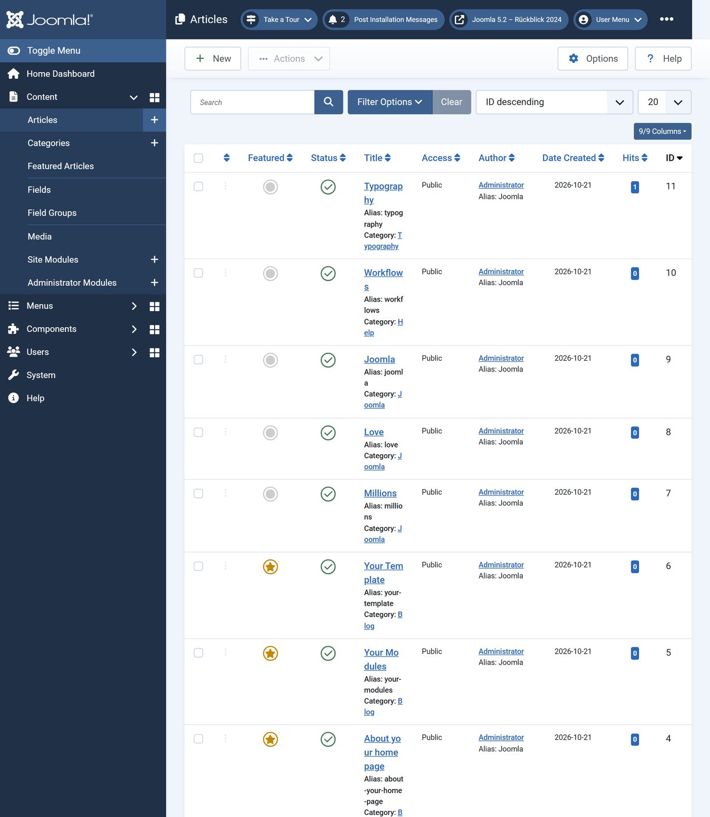 Joomla 5.2: The article list