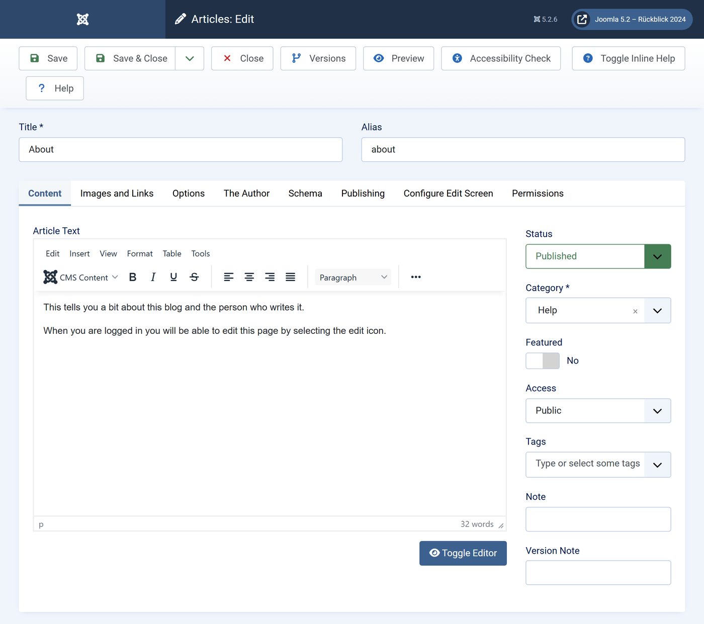 Joomla 5.2: Editing an article with TinyMCE 6.8