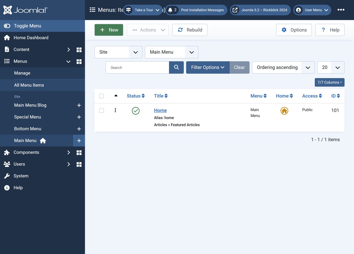 Joomla 5.2: The items of the main menu