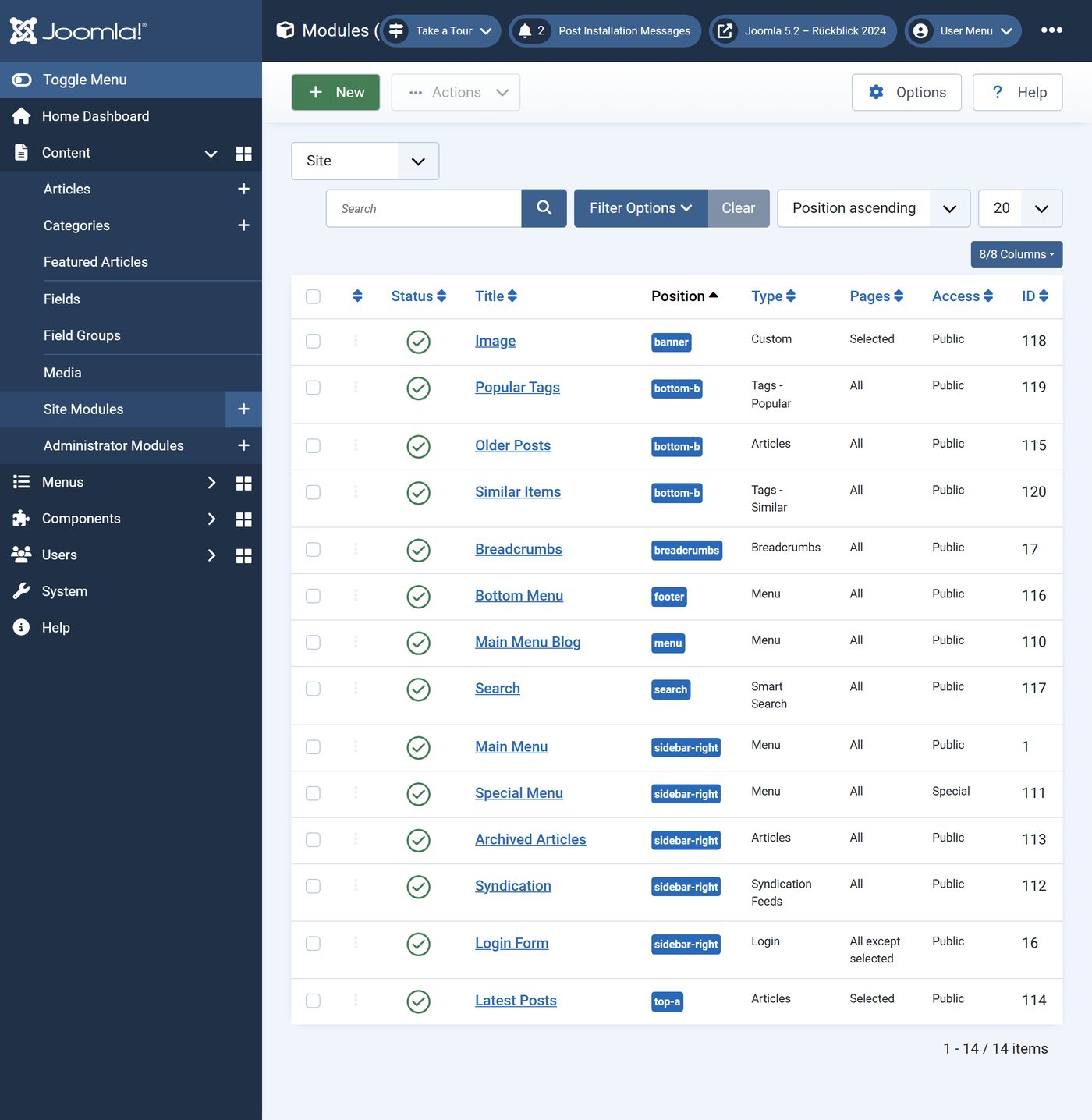 Joomla 5.2: The modules of the website