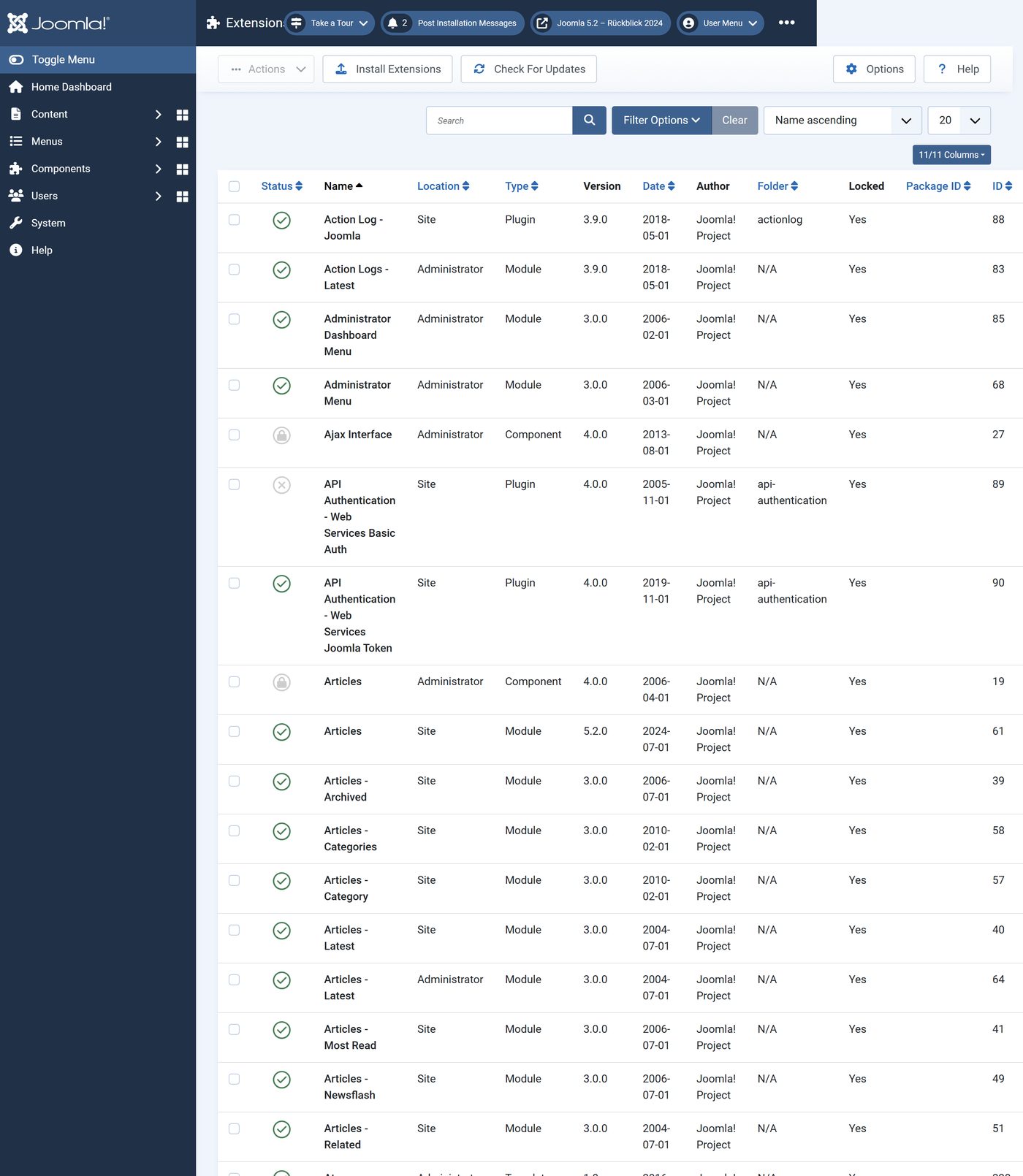 Joomla 5.2: 244 extensions in a fresh installation