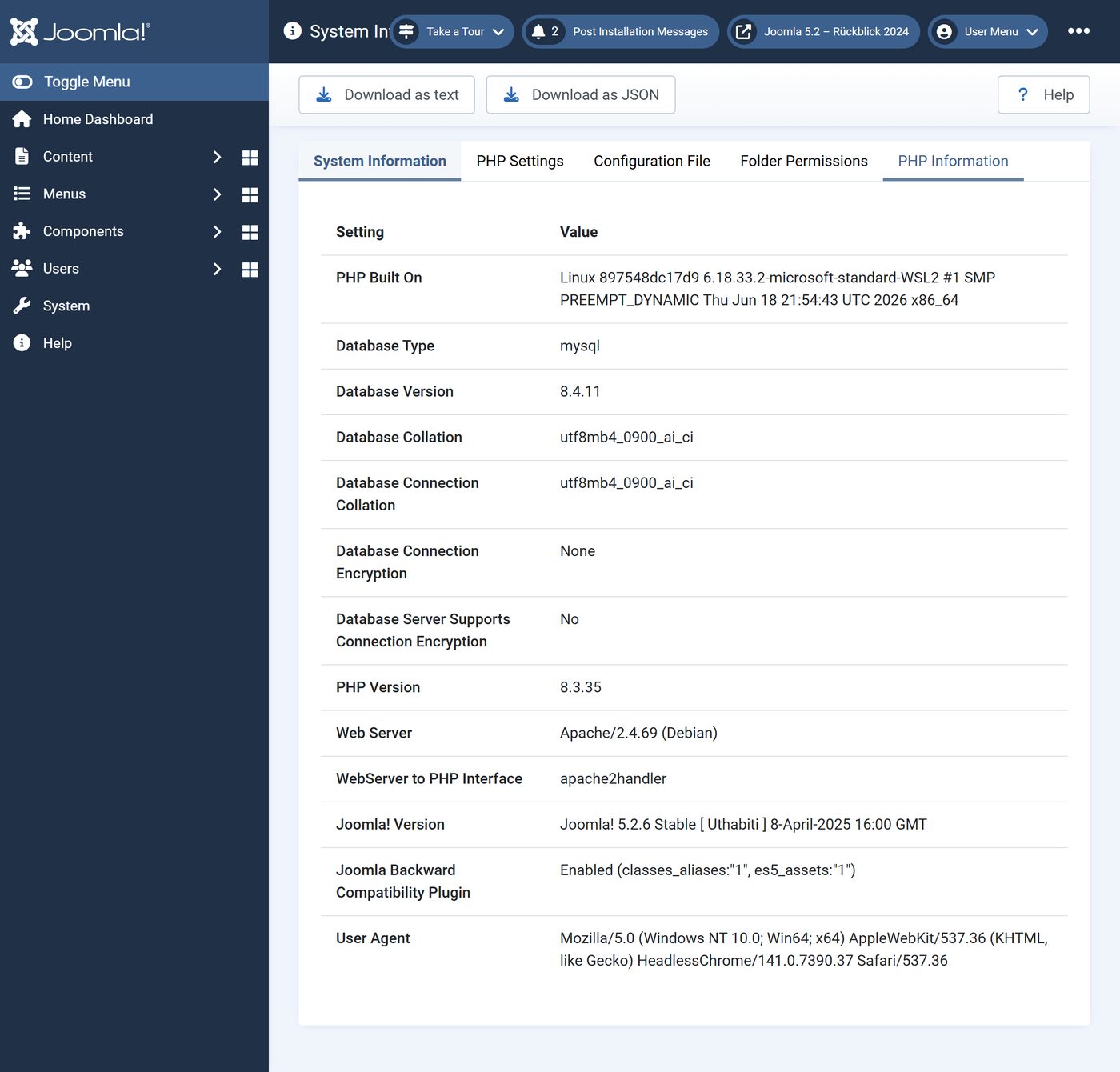 Joomla 5.2: System information – with PHP 8.3 from our test environment