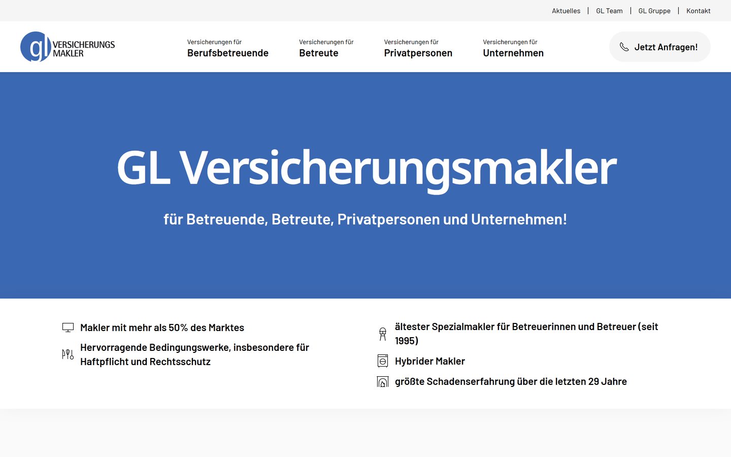 Home page of gl-versicherungsmakler.de with the four target groups in the menu
