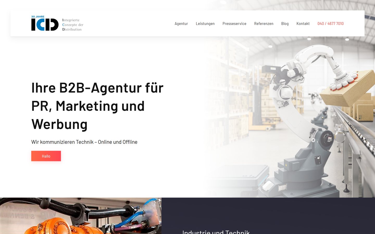 Home page of icd-marketing.de: “Your B2B agency for PR, marketing and advertising”