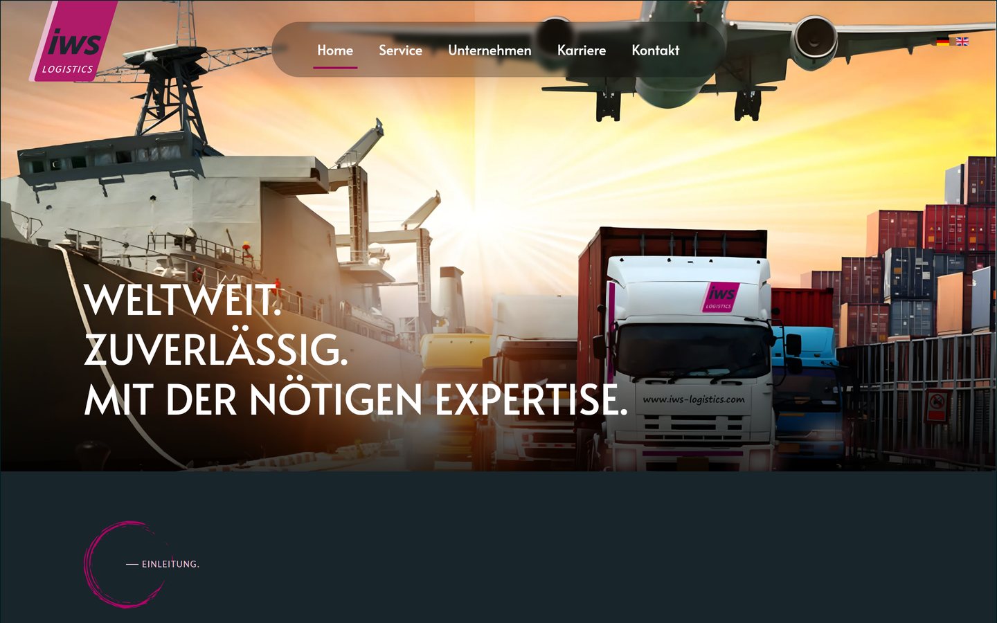 Home page of iws-logistics.de with a ship, a plane and a truck in the hero image