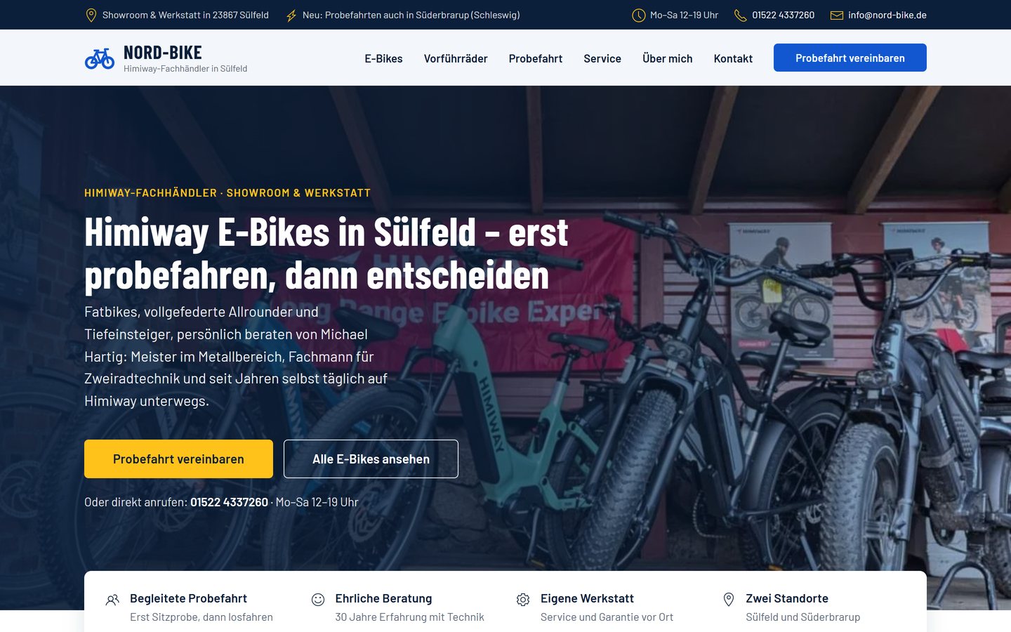 Home page of Nord-Bike: Himiway e-bikes in the showroom in Sülfeld