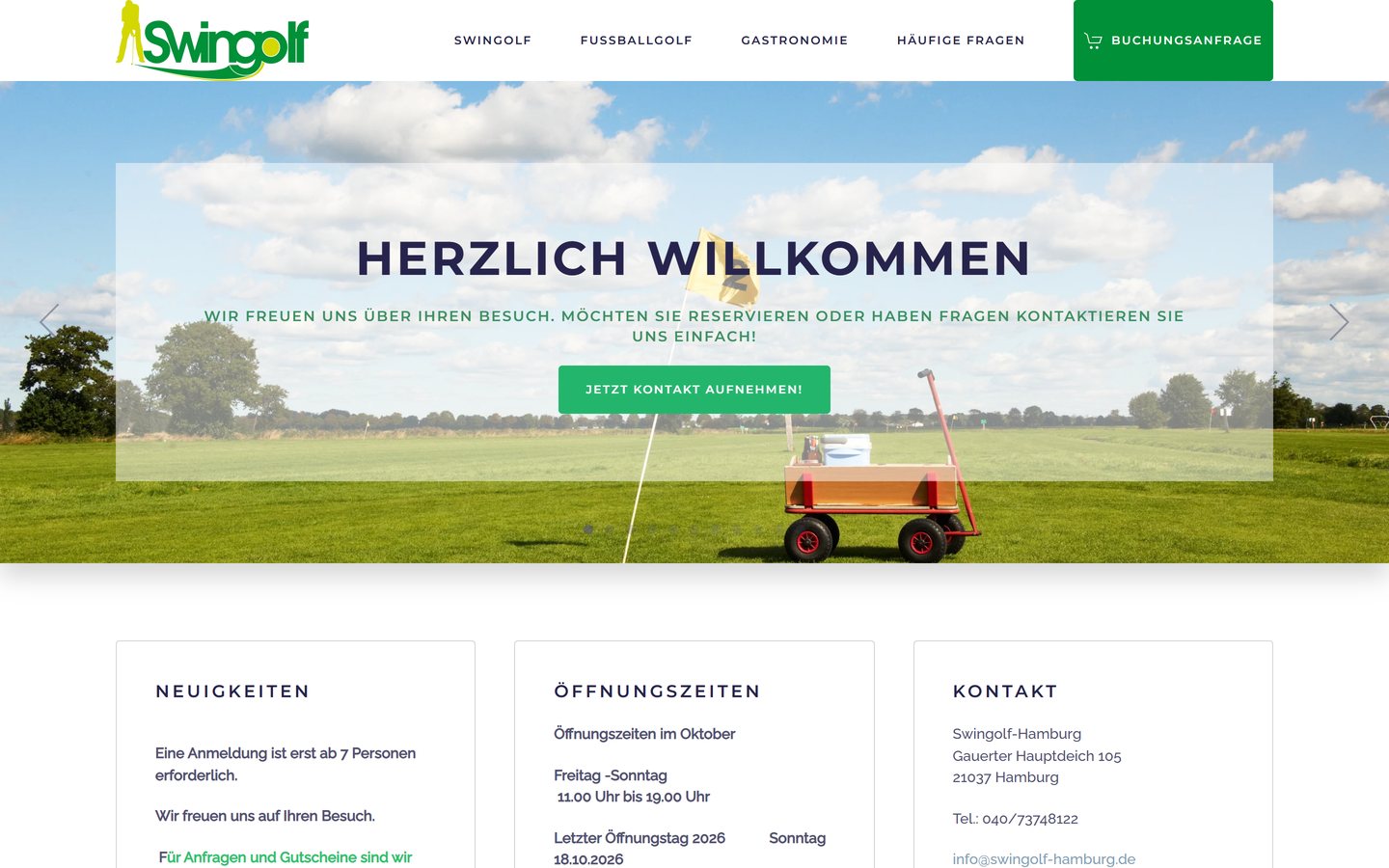 Home page of swingolf-hamburg.de with a fairway and a handcart